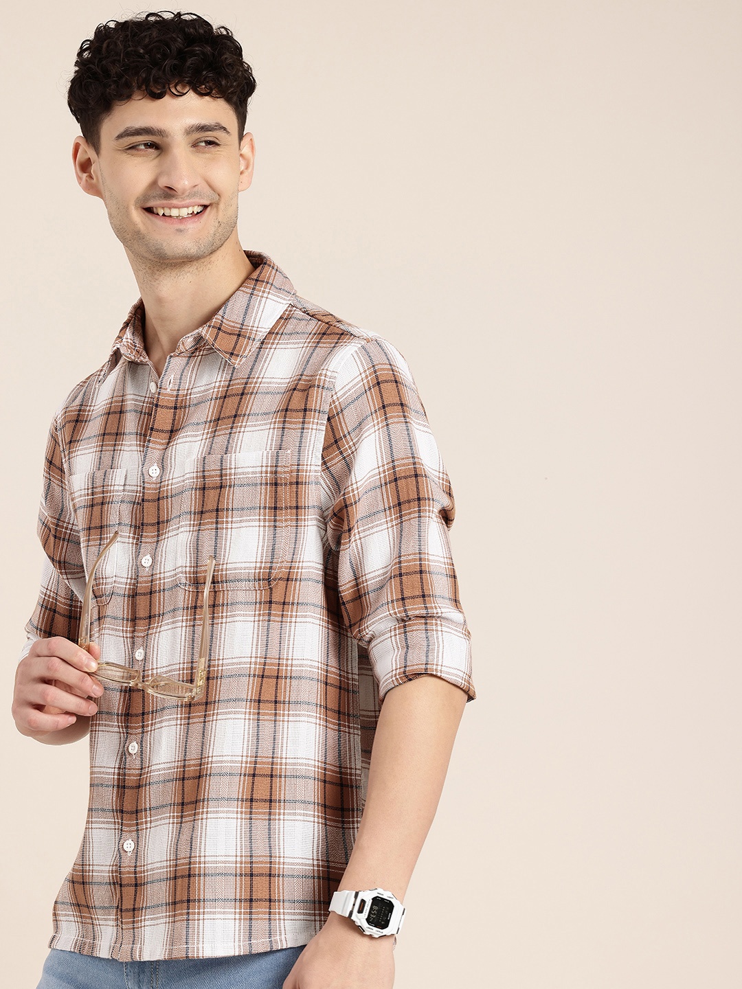 

HERE&NOW Checked Relaxed Fit Casual Shirt, Brown