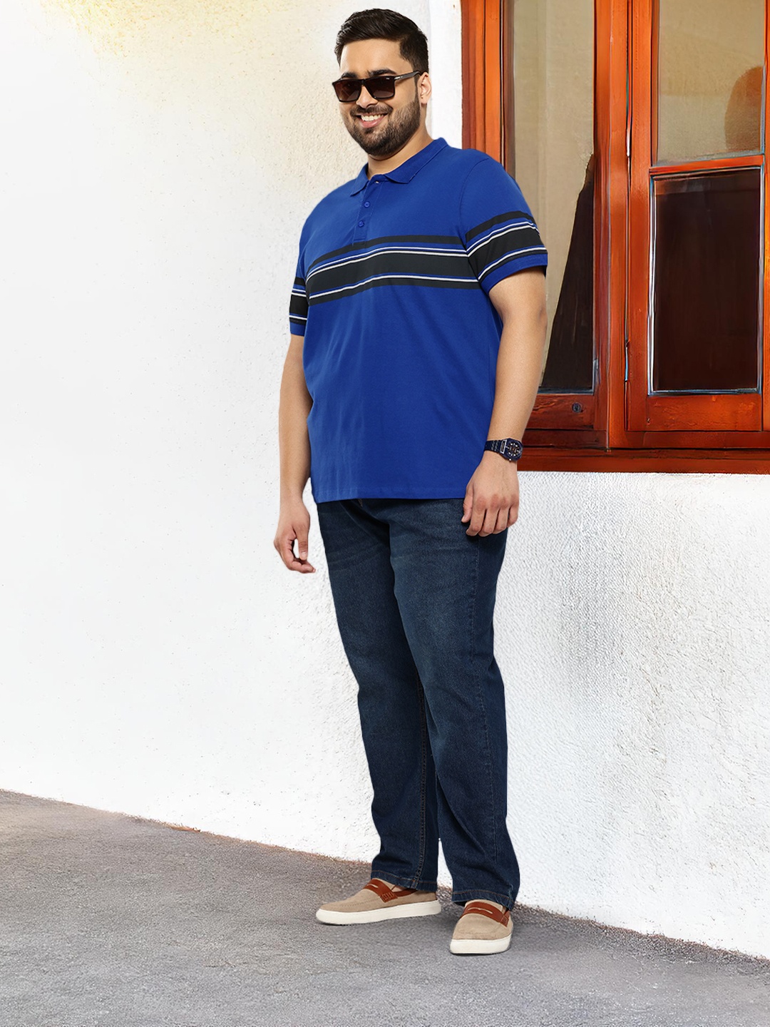 

Sztori Plus Size Striped Polo Collar Pure Cotton T-shirt, Blue