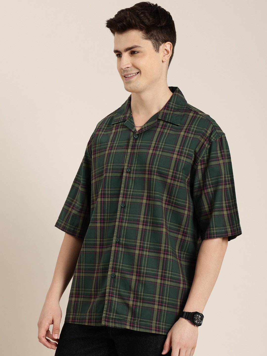 

HERE&NOW Pure Cotton Checked Relaxed Fit Casual Shirt, Olive