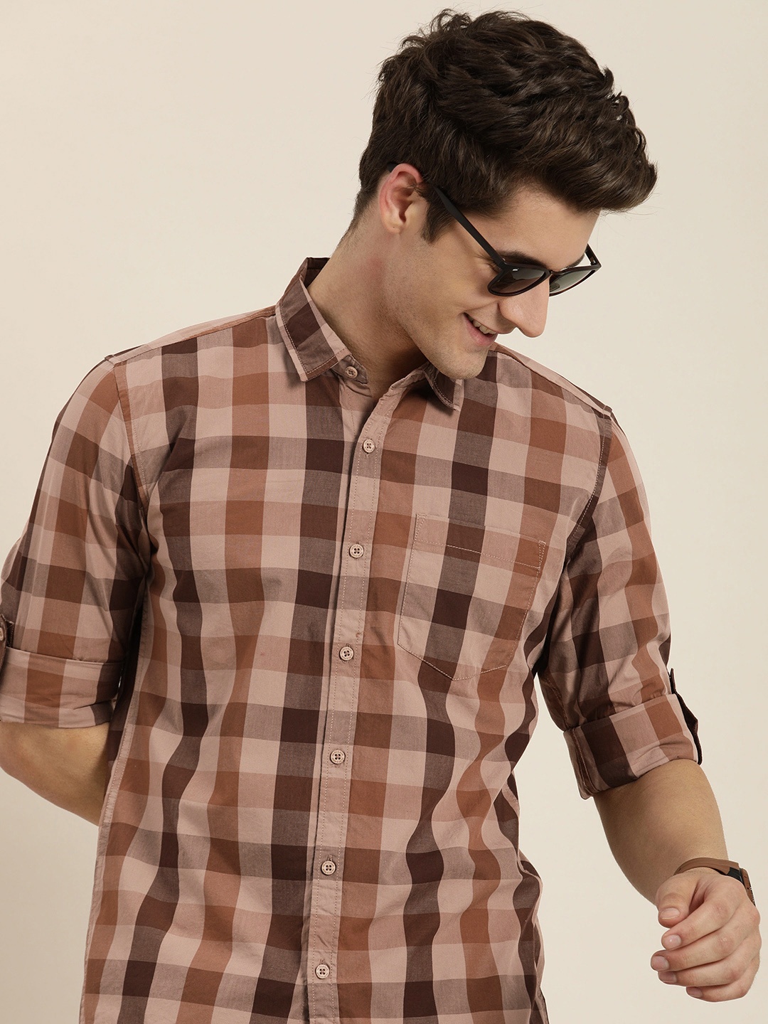 

HERE&NOW Men Buffalo Checks Pure Cotton Casual Shirt, Beige