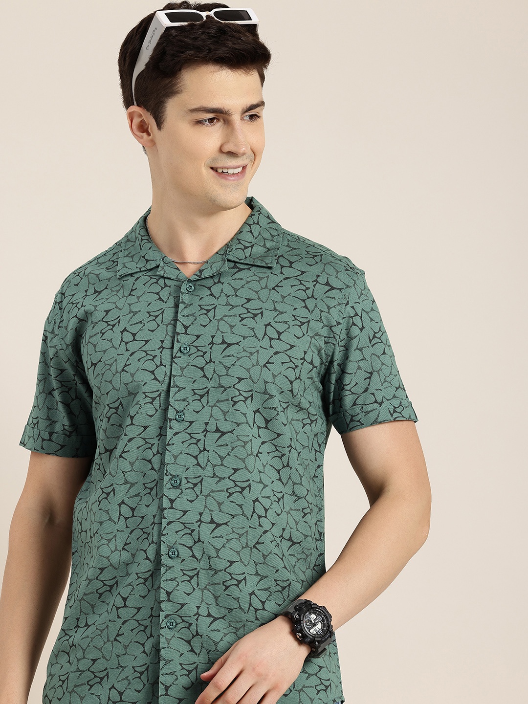 

HERE&NOW Pure Cotton Slim Fit Opaque Printed Casual Shirt, Green