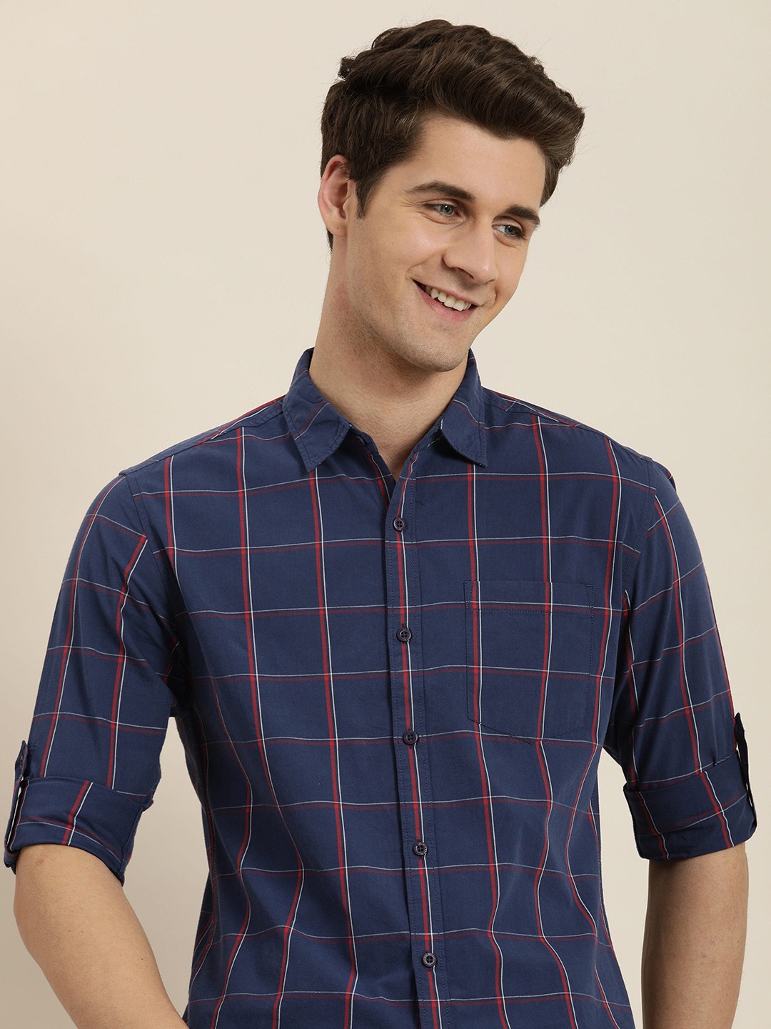 

HERE&NOW Men Tartan Checks Pure Cotton Casual Shirt, Navy blue