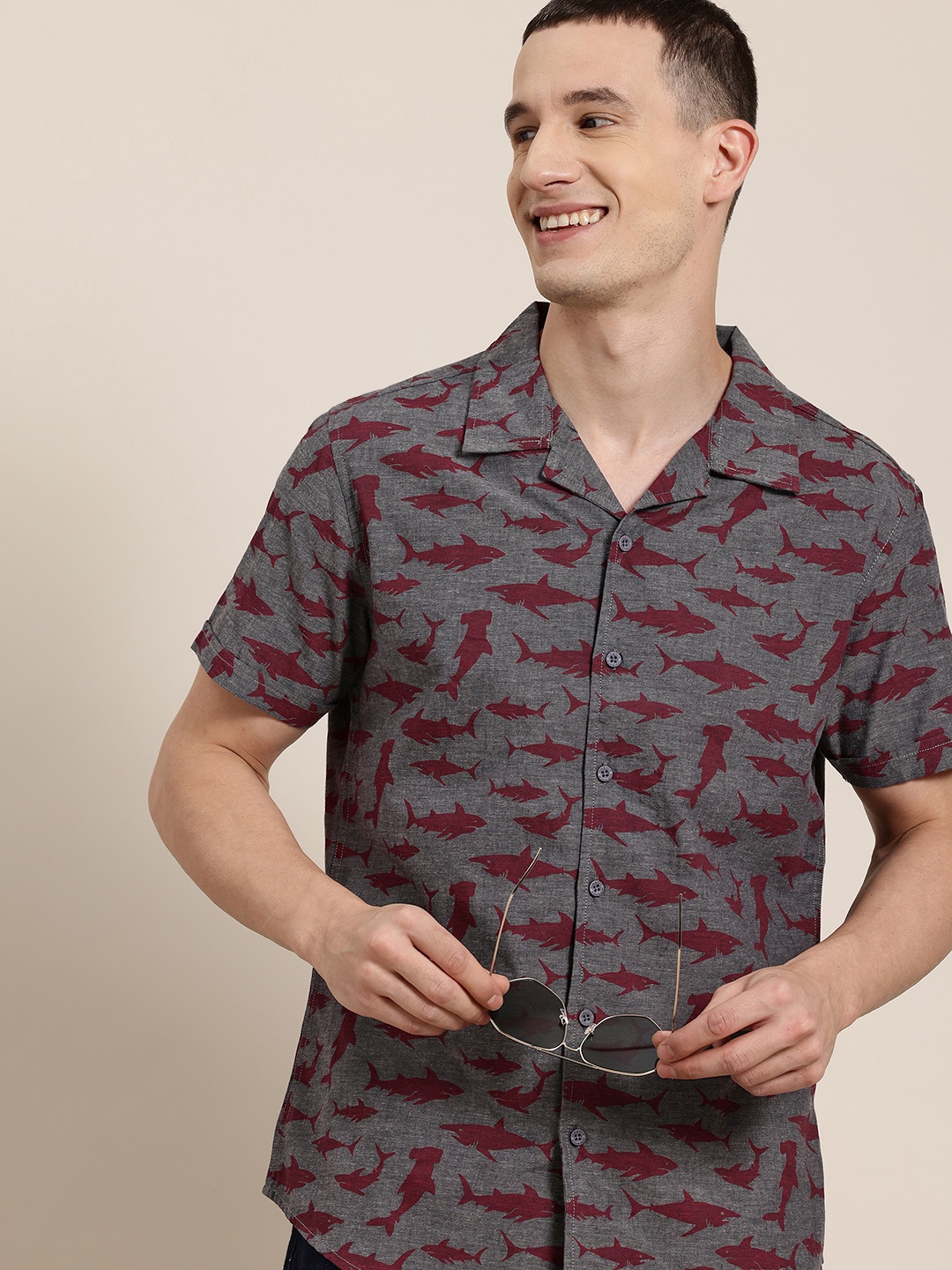 

HERE&NOW Men Slim Fit Opaque Printed Cotton Casual Shirt, Grey