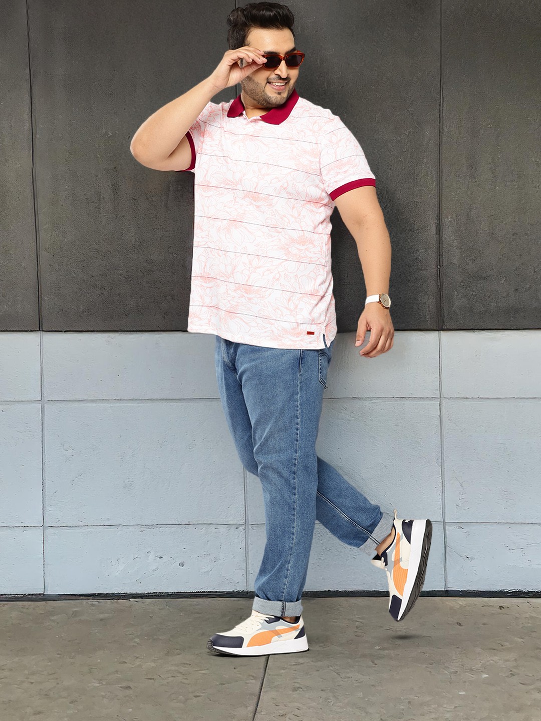 

Sztori Plus Size Printed Polo Collar Pure Cotton T-shirt, White