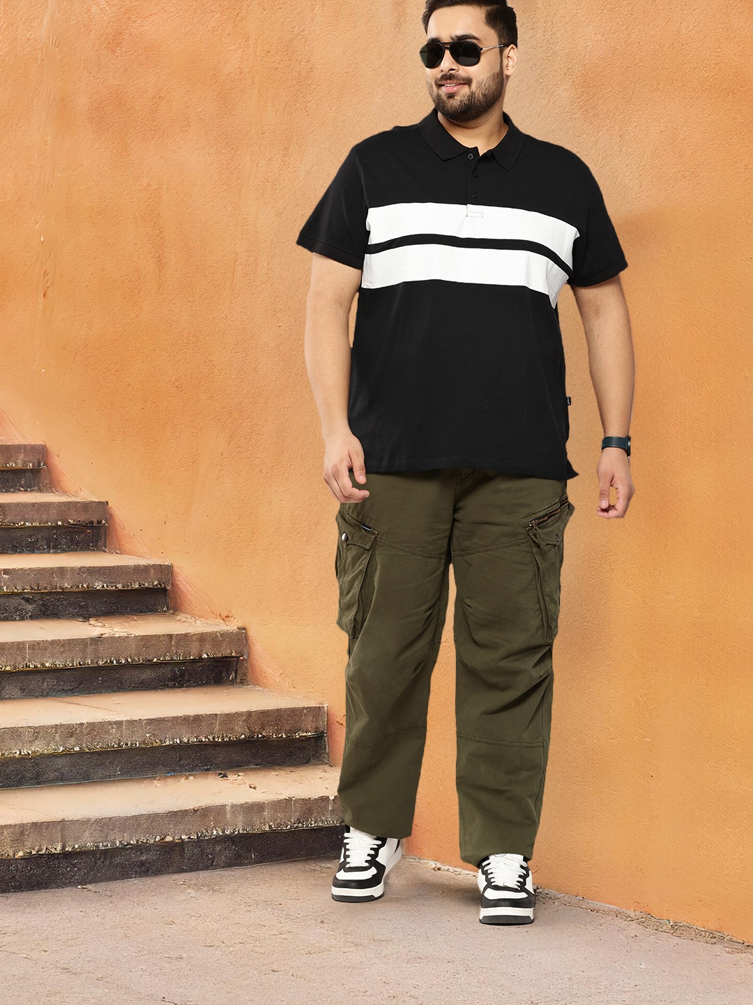 Sztori Plus Size Striped Polo Collar Pure Cotton T-shirt, Black