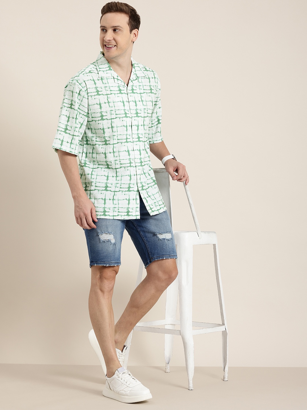 

HERE&NOW Seersucker Checked Relaxed Fit Casual Shirt, Green