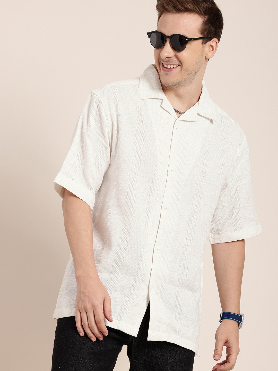 

HERE&NOW Vertical Stripes Self Design Relaxed Fit Knitted Casual Shirt, White