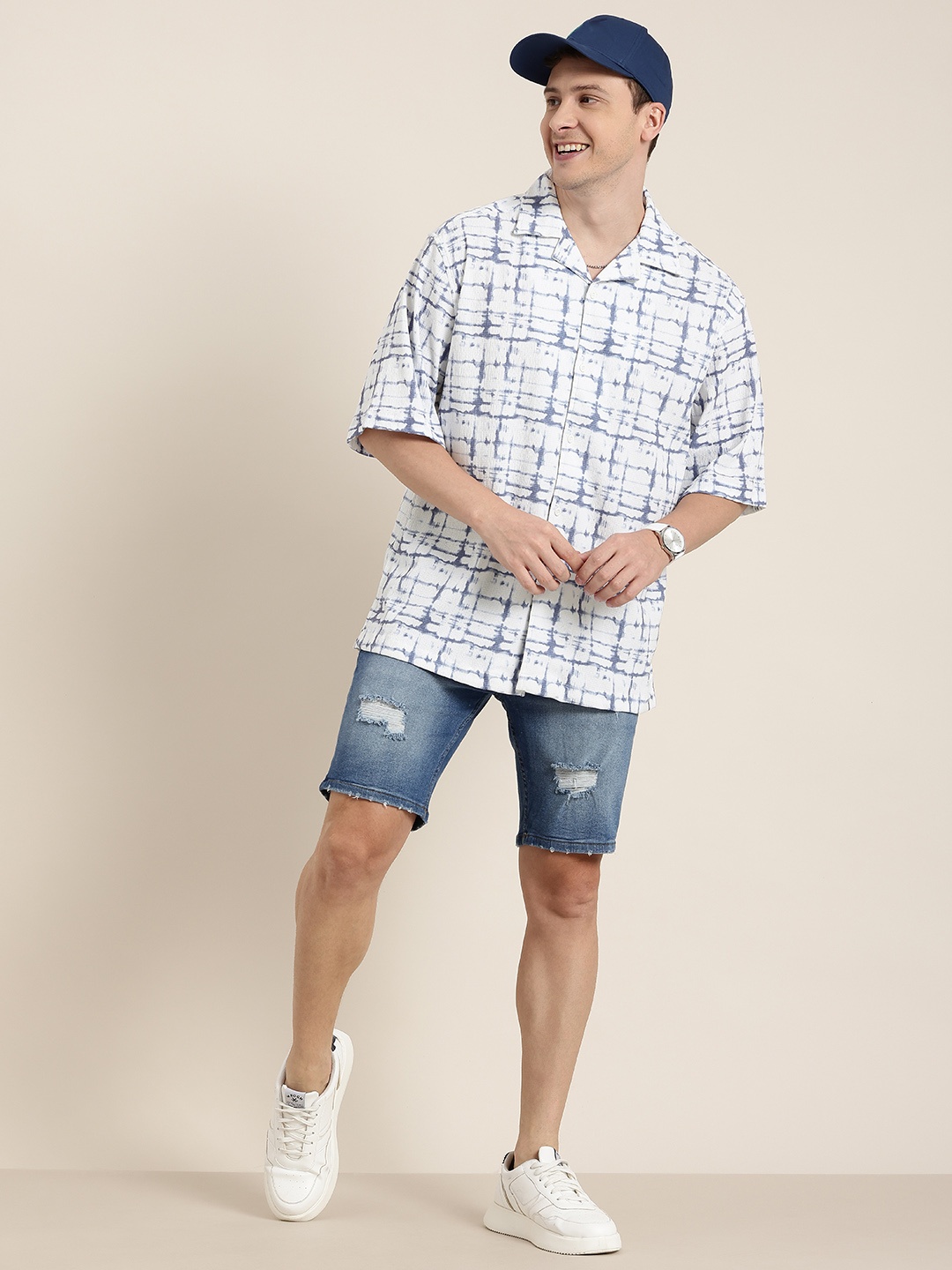 

HERE&NOW Seersucker Checked Relaxed Fit Casual Shirt, White