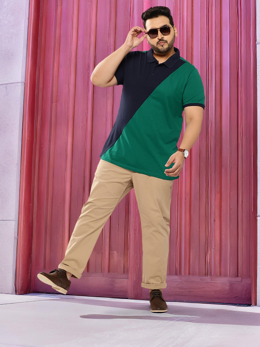 

Sztori Plus-Size Colourblocked Polo Collar Pure Cotton T-shirt, Green