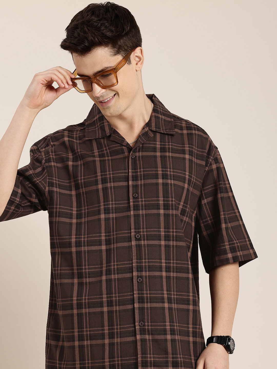 

HERE&NOW Pure Cotton Checked Relaxed Fit Casual Shirt, Brown
