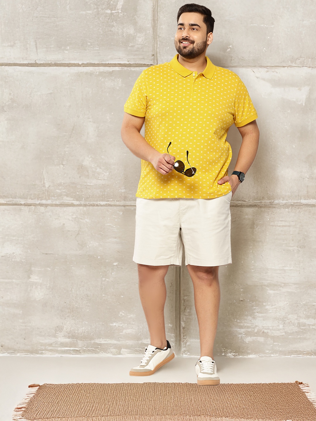 Sztori Plus Size Printed Polo Collar Pure Cotton T-shirt, Mustard