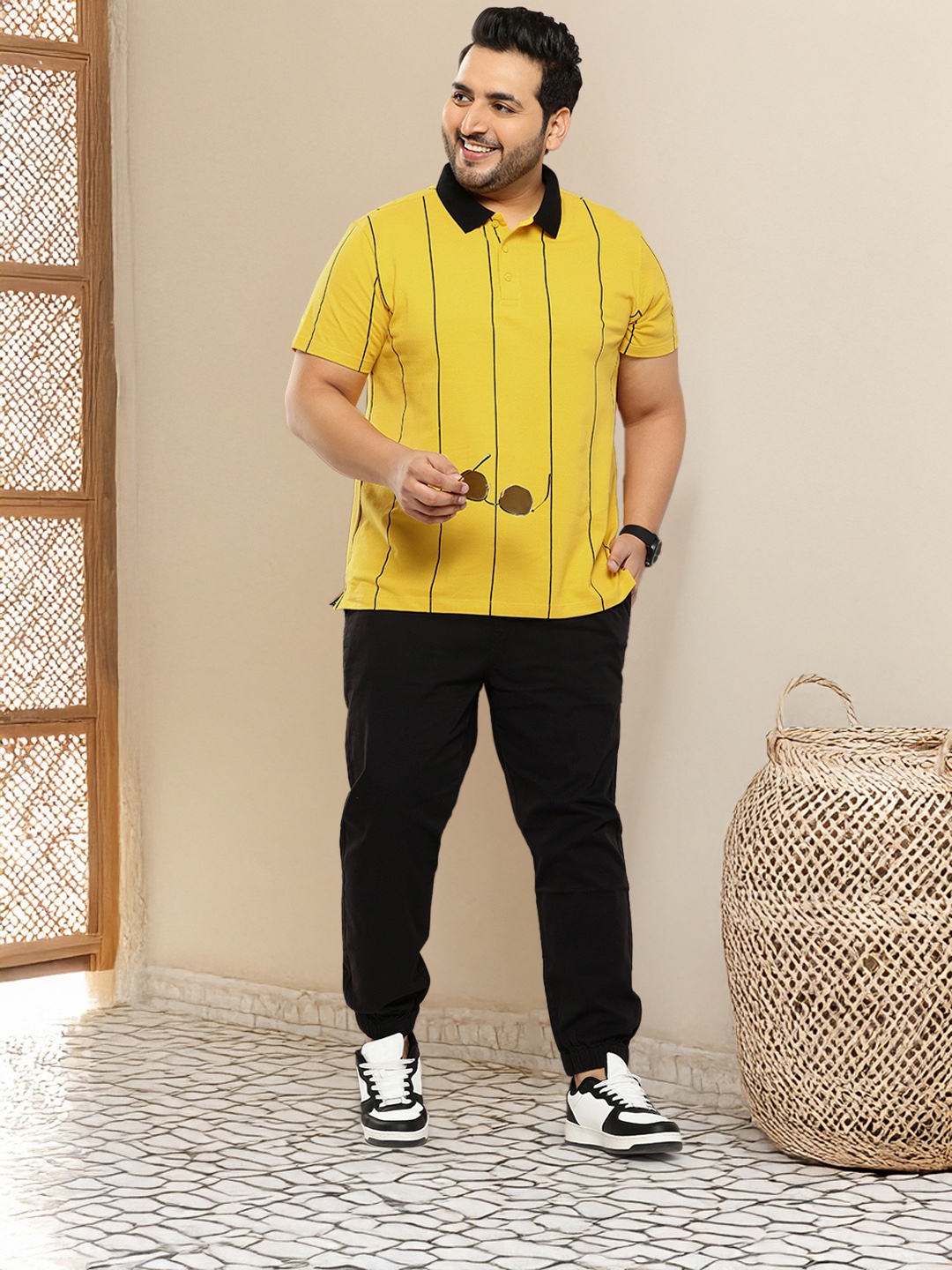 

Sztori Plus Size Striped Polo Collar Pure Cotton T-shirt, Mustard
