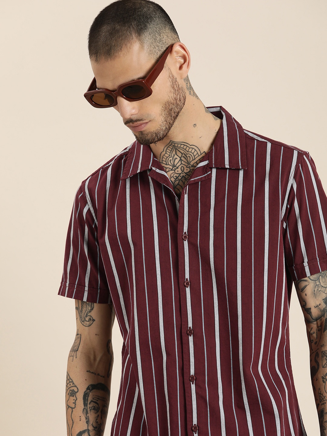 

HERE&NOW Slim Fit Opaque Striped Casual Shirt, Maroon