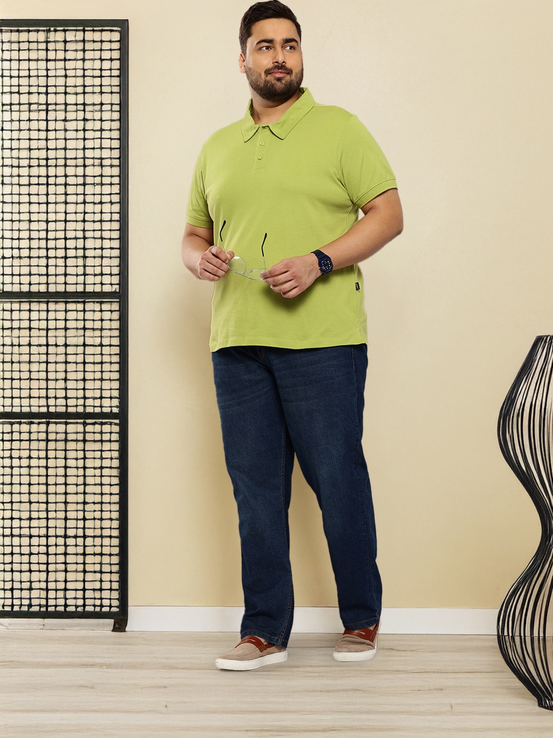 

Sztori Plus Size Polo Collar Cotton T-shirt, Green
