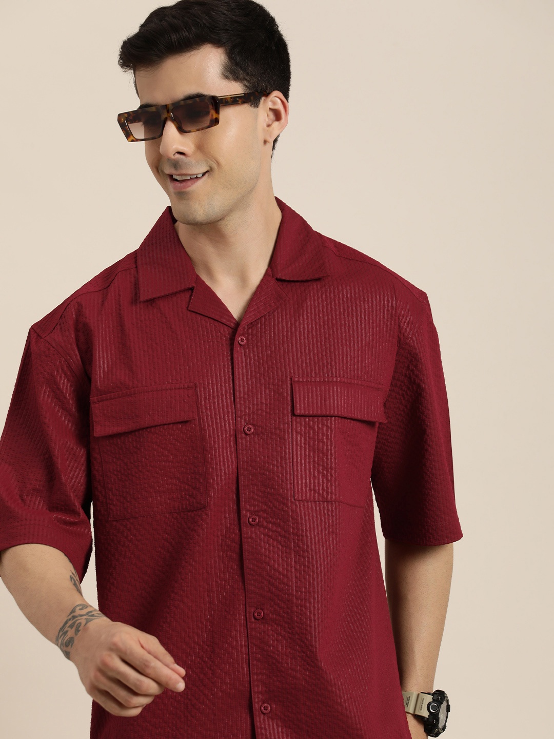 

HERE&NOW Self Design Relaxed Fit Casual Shirt, Maroon