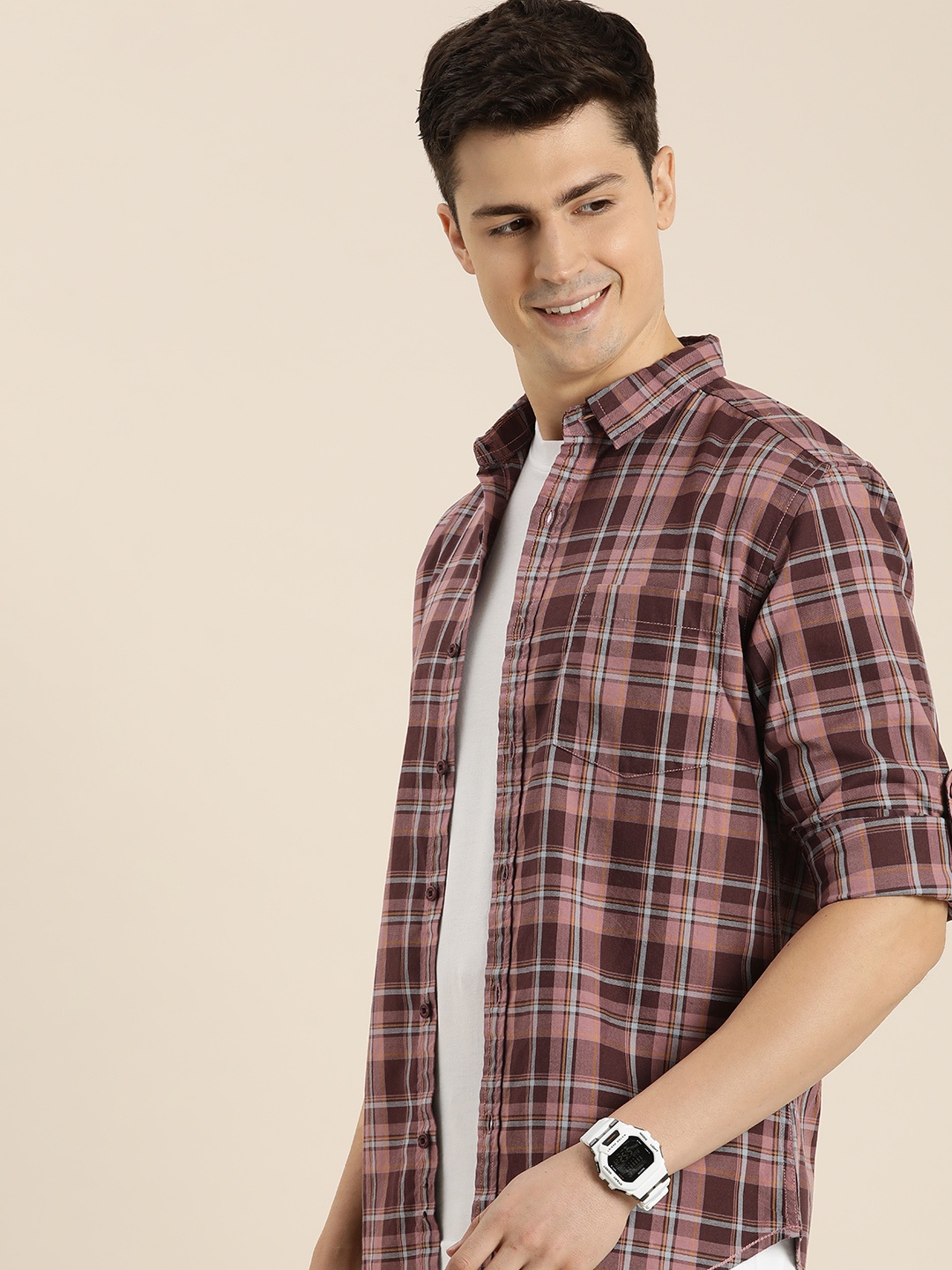 

HERE&NOW Pure Cotton Slim Fit Checked Casual Shirt, Mauve