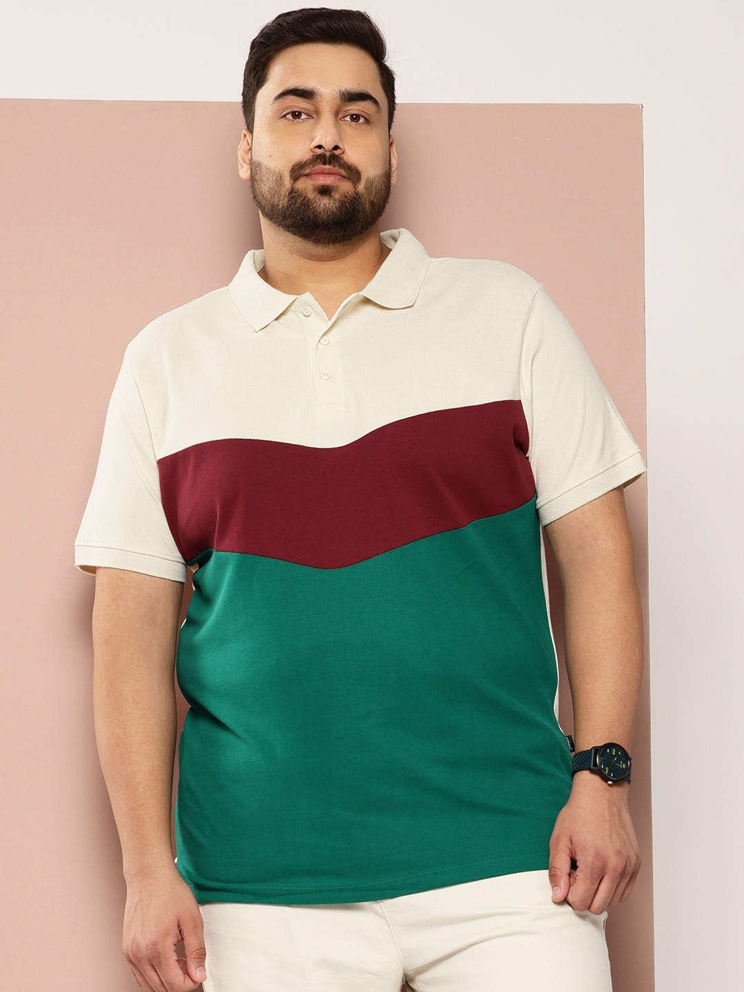 

Sztori Plus-Size Colourblocked Polo Collar Pure Cotton T-shirt, Green