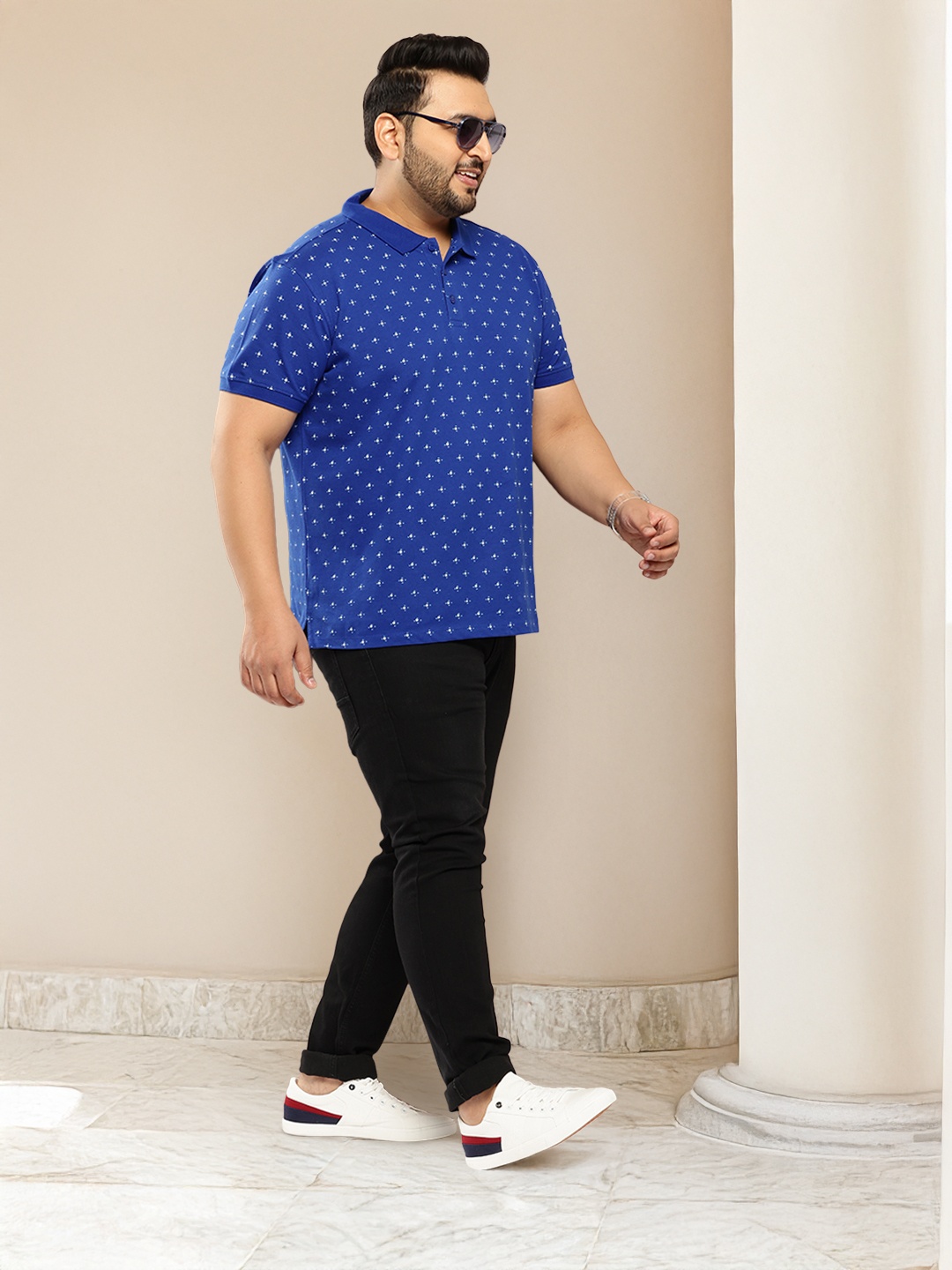 

Sztori Plus Size Printed Polo Collar Pure Cotton T-shirt, Blue