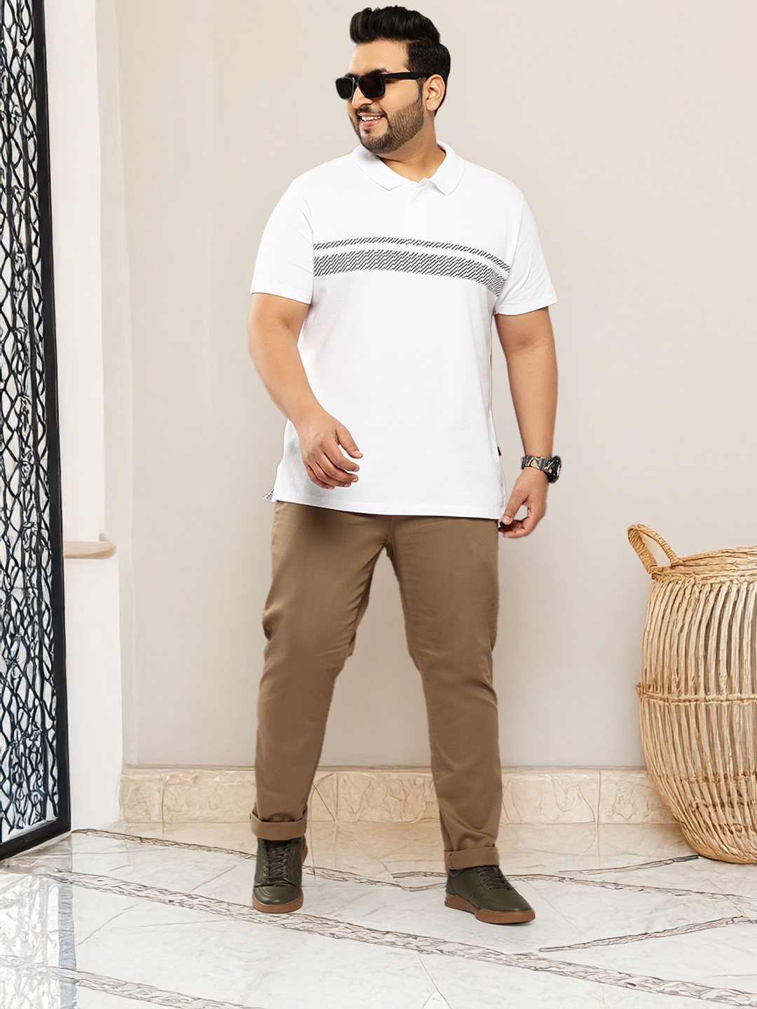 

Sztori Plus Size Striped Polo Collar Pure Cotton T-shirt, White