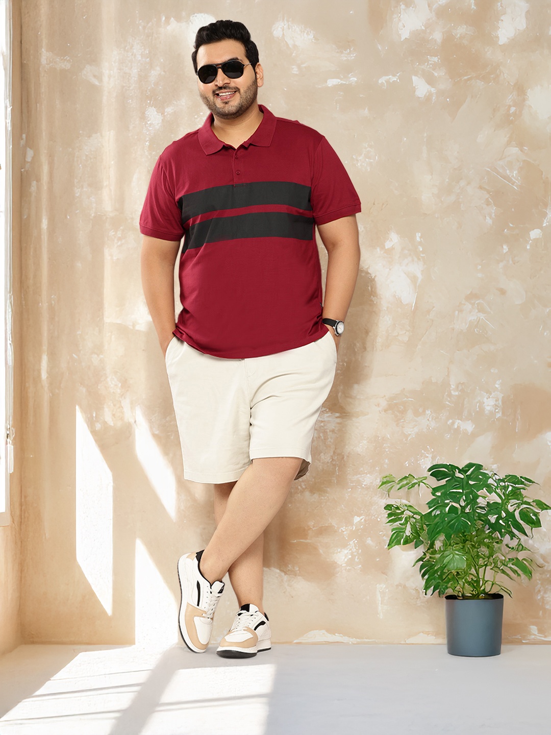 

Sztori Plus Size Striped Polo Collar Pure Cotton T-shirt, Maroon