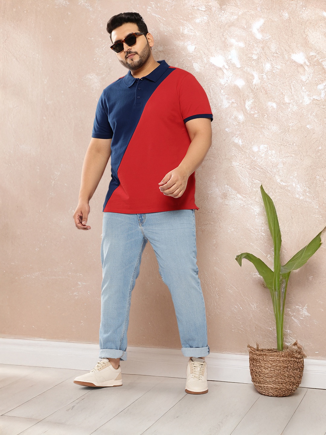 

Sztori Plus-Size Colourblocked Polo Collar Pure Cotton T-shirt, Navy blue