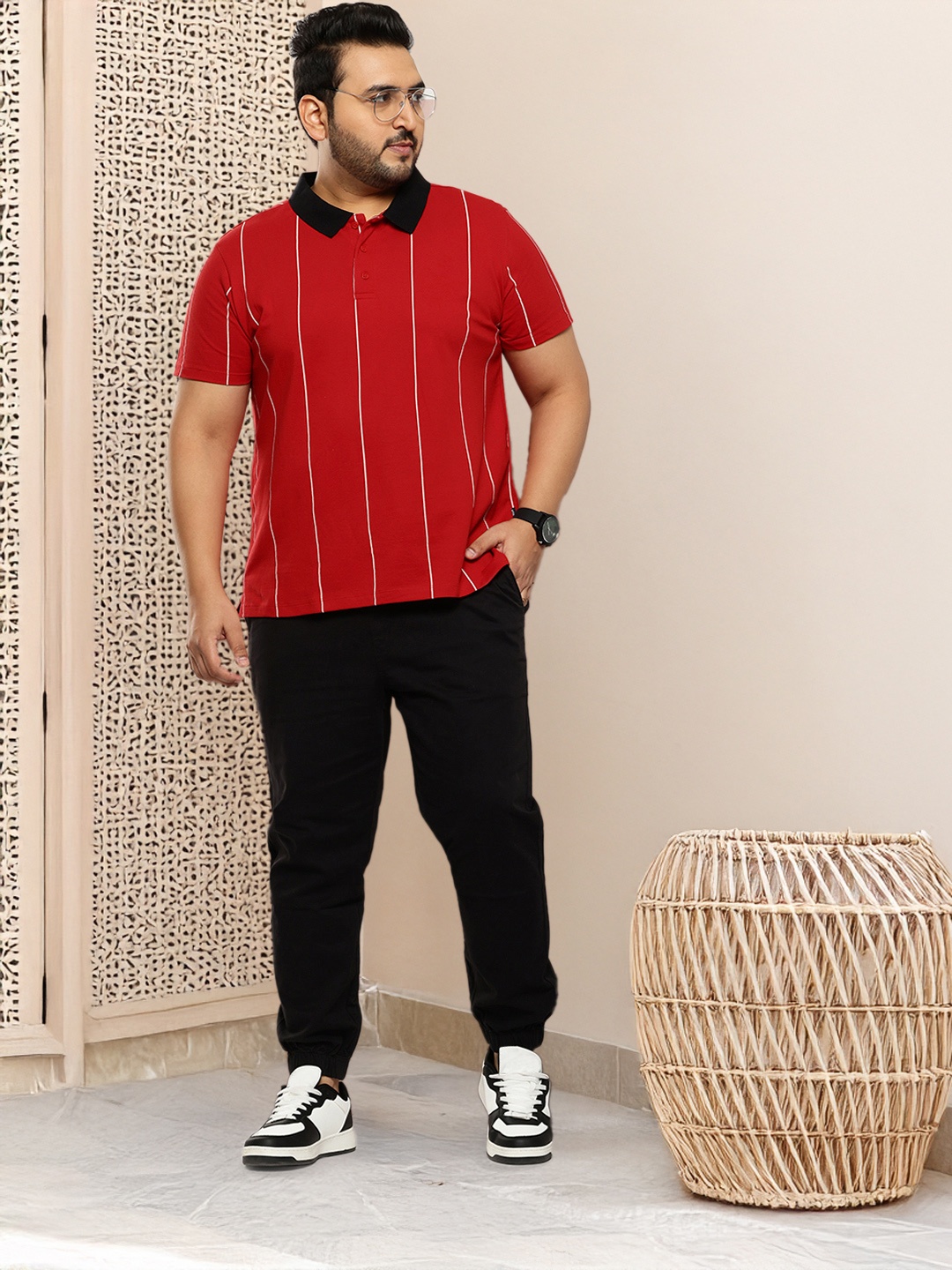 

Sztori Plus Size Striped Pure Cotton Polo T-shirt, Red