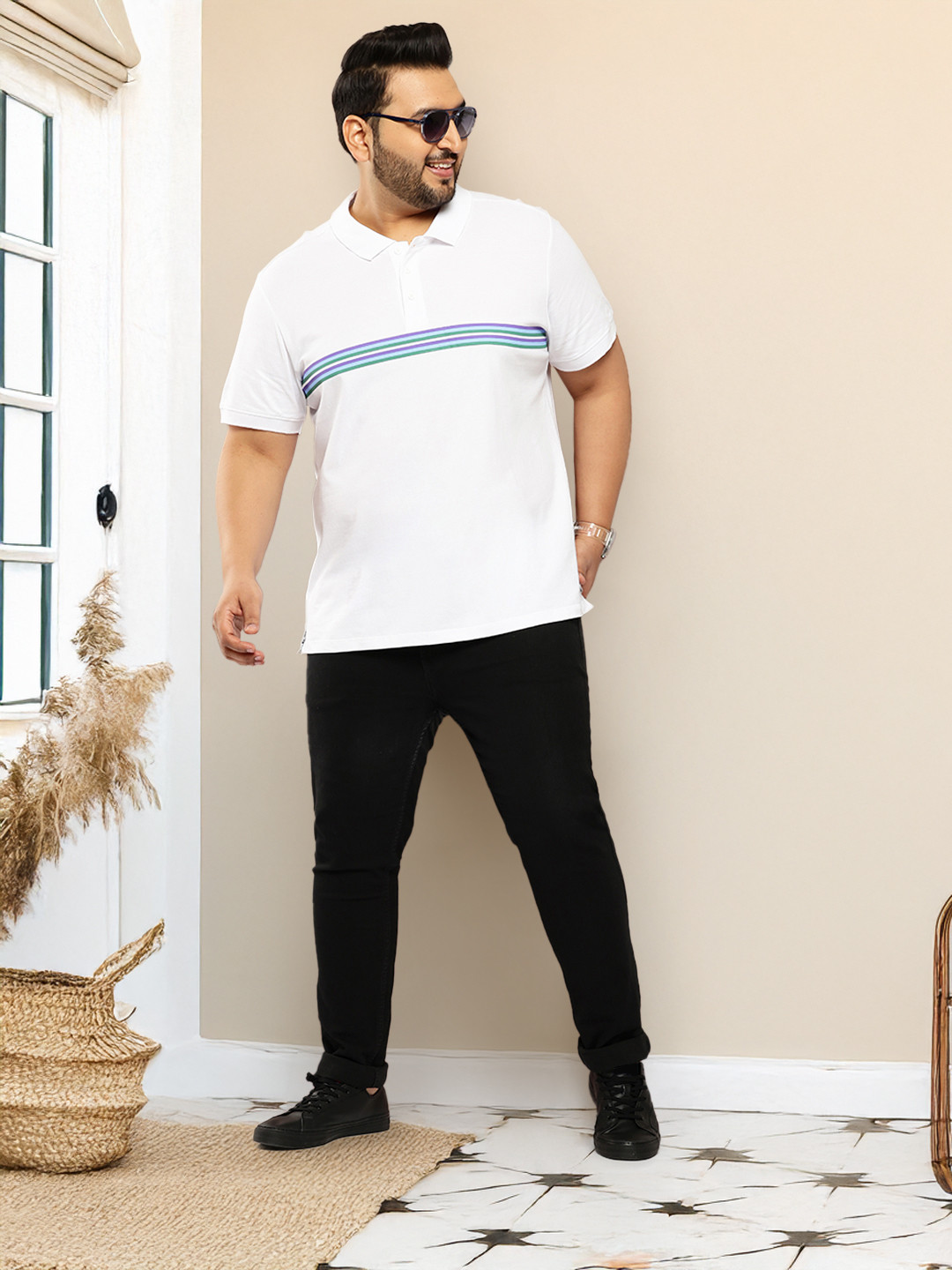 

Sztori Plus Size Striped Polo Collar Pure Cotton T-shirt, White