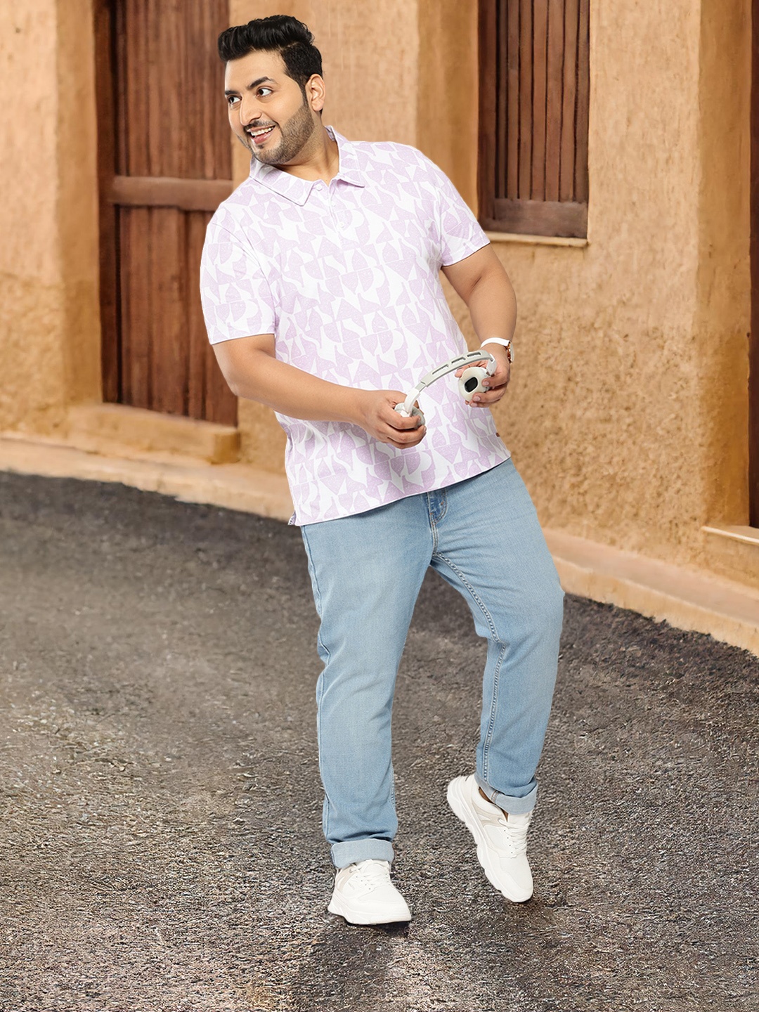 

Sztori Plus Size Printed Polo Collar Pure Cotton T-shirt, White