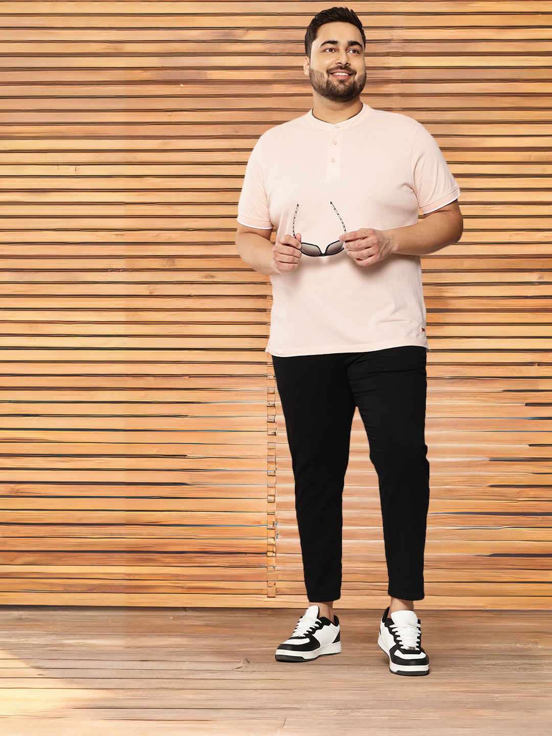 Sztori Plus Size Henley Neck Pure Cotton T-shirt, Peach