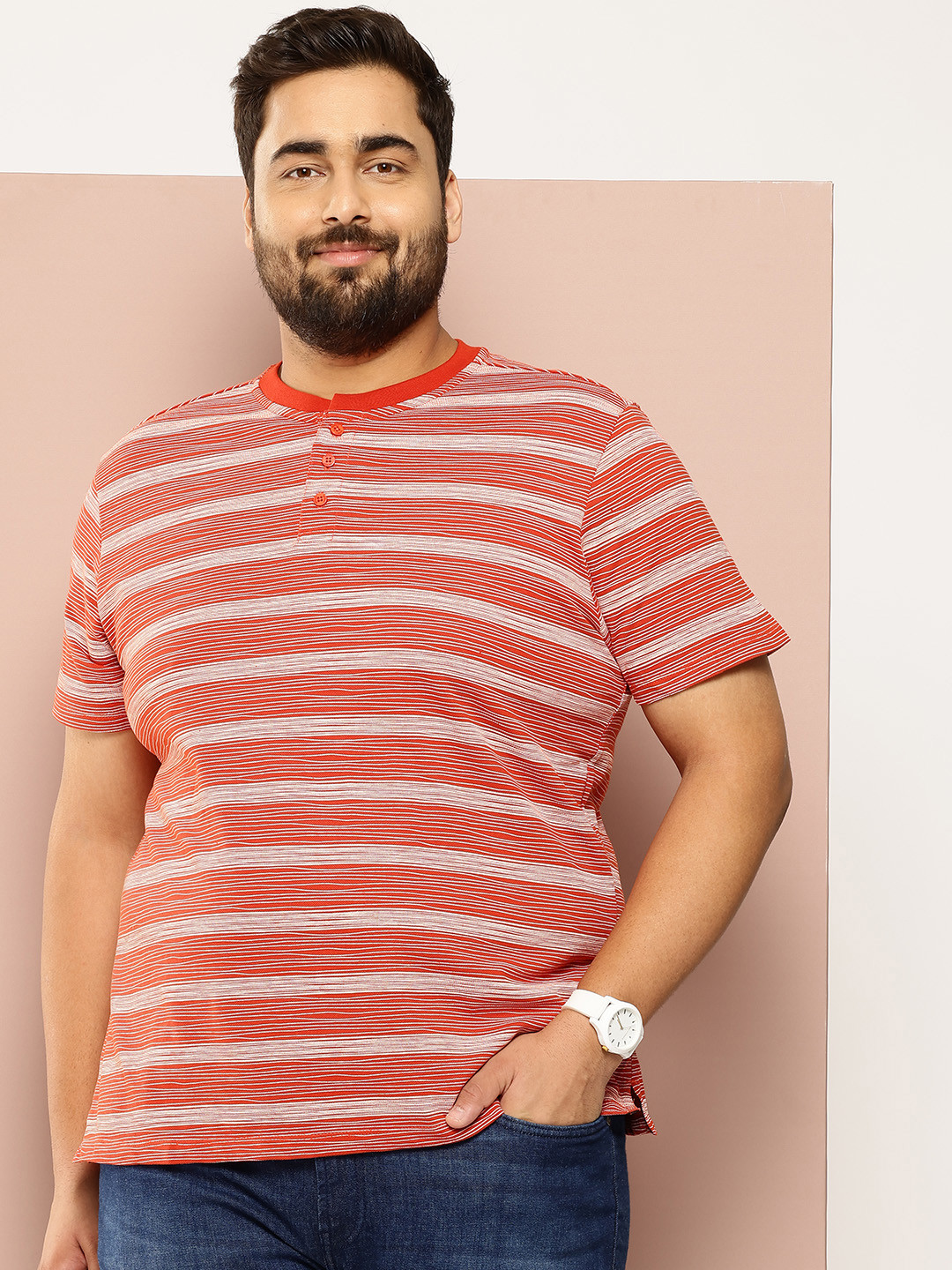 

Sztori Plus Size Striped Henley Neck Pure Cotton T-shirt, Red
