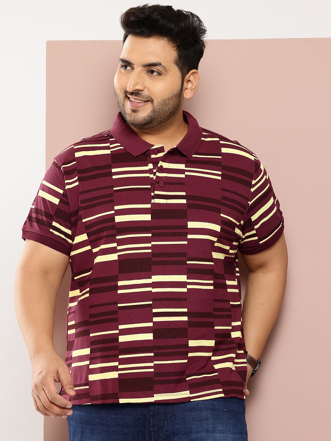 

Sztori Plus Size Printed Polo Collar T-shirt, Burgundy