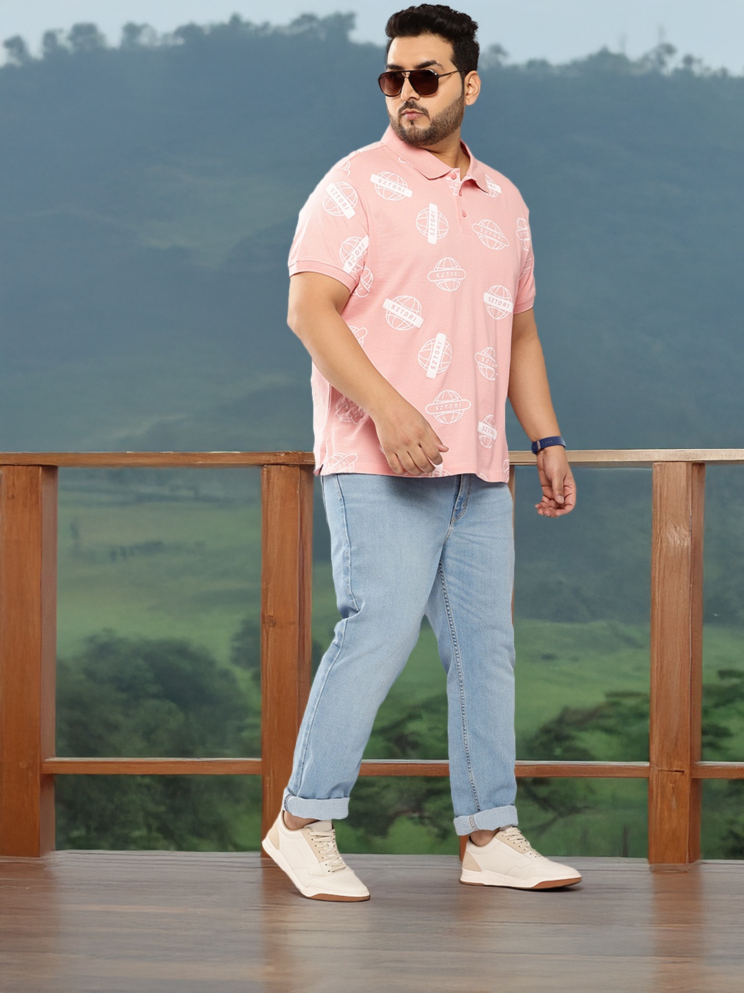Sztori Plus-Size Printed Polo Collar Pure Cotton T-shirt, Pink