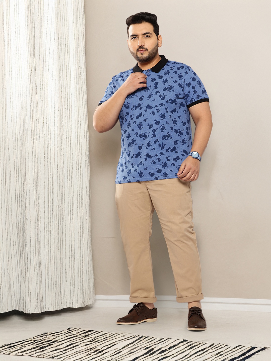 

Sztori Plus Size Men Floral Printed Polo Collar Pure Cotton T-shirt, Blue