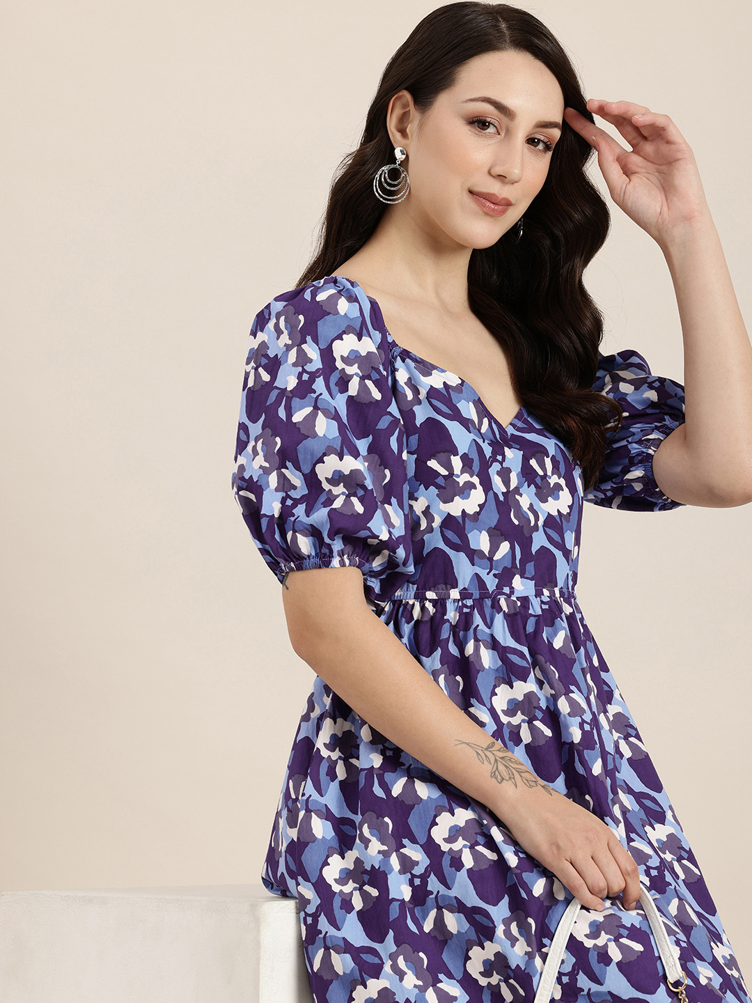 

HERE&NOW Pure Cotton Floral Printed Puff Sleeves A-Line Mini Dress, Blue