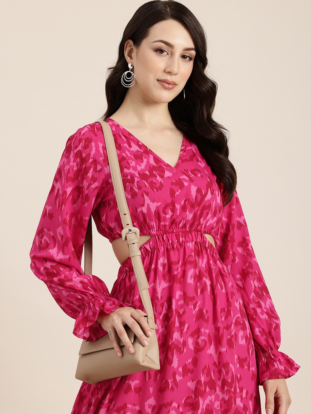 

HERE&NOW Abstract Printed Cut-Out A-Line Midi Dress, Pink