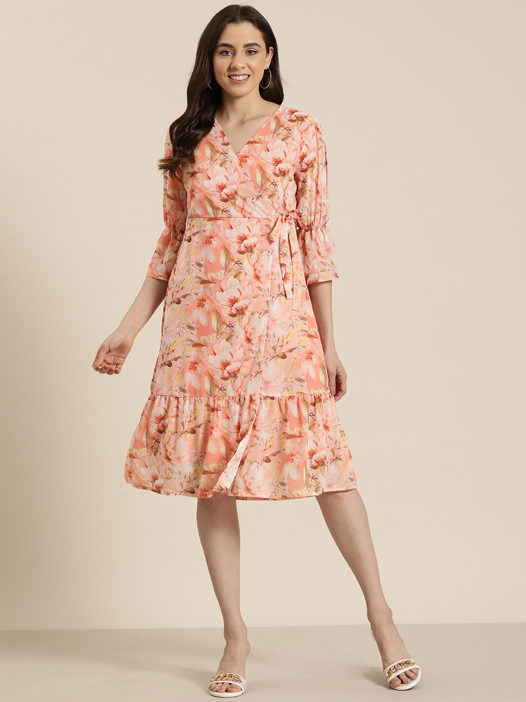 

HERE&NOW Floral Print Tie-Up Wrap Dress, Peach