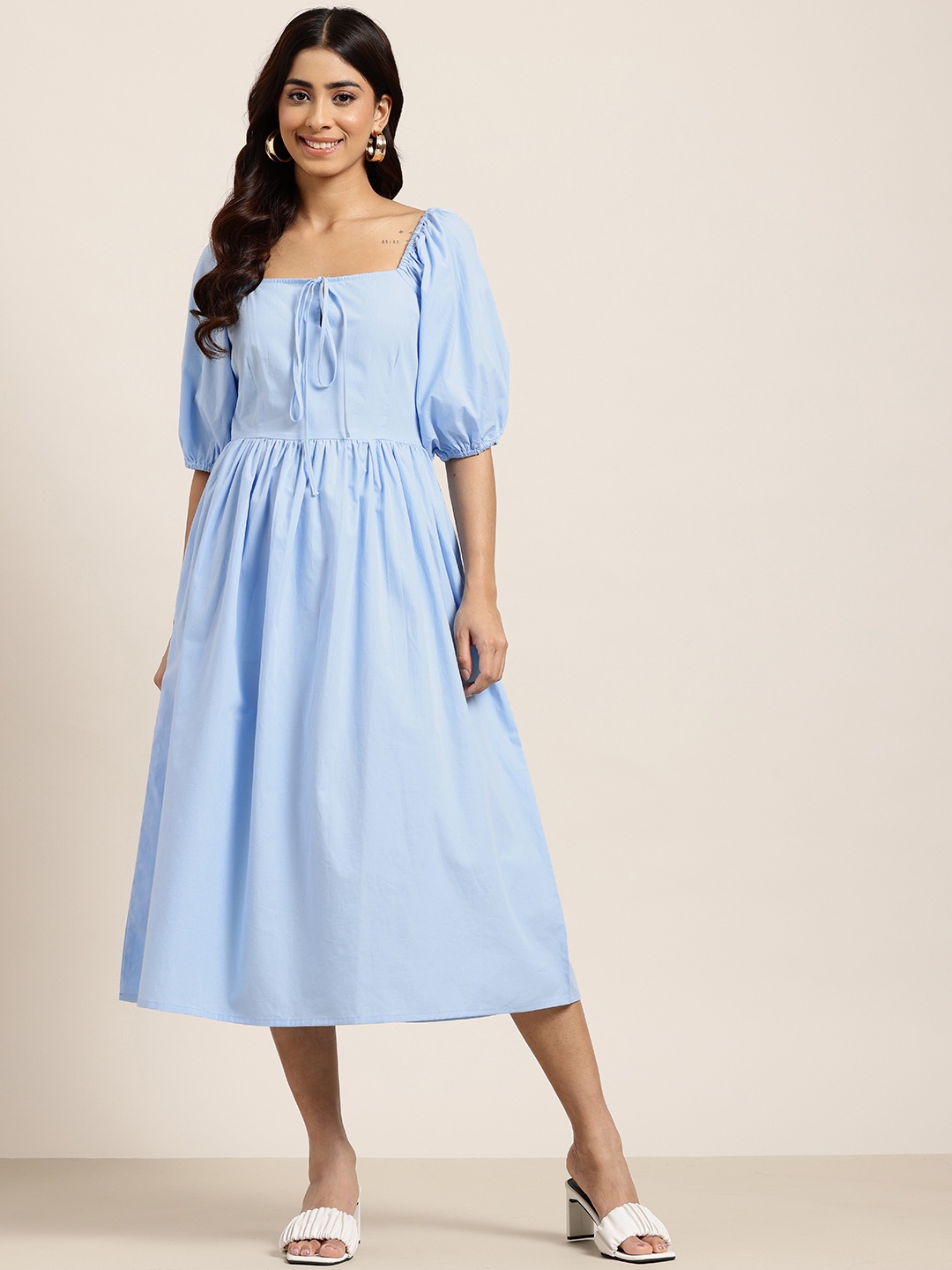 

HERE&NOW Puff Sleeve Fit & Flare Midi Dress, Blue