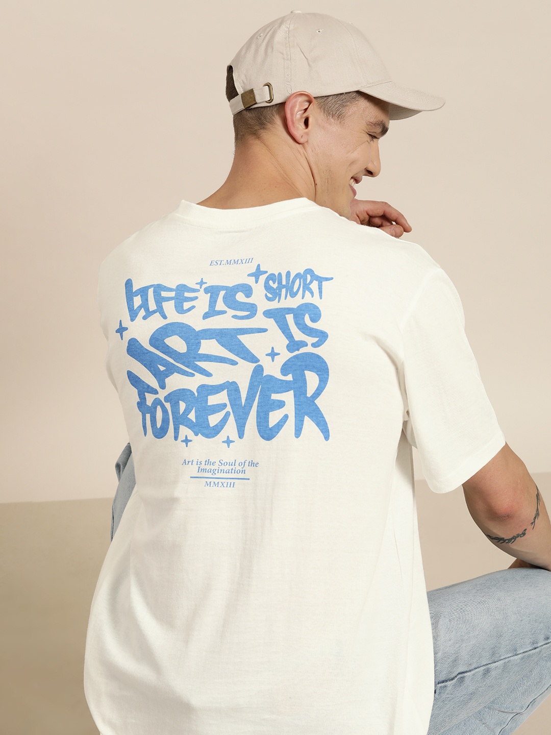 

HERE&NOW Men Typography Printed Pure Cotton T-shirt, Off white