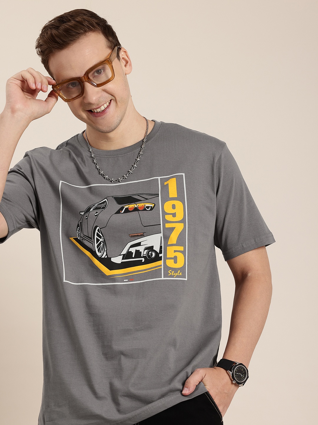

HERE&NOW Printed Drop-Shoulder Sleeves Pure Cotton T-shirt, Grey