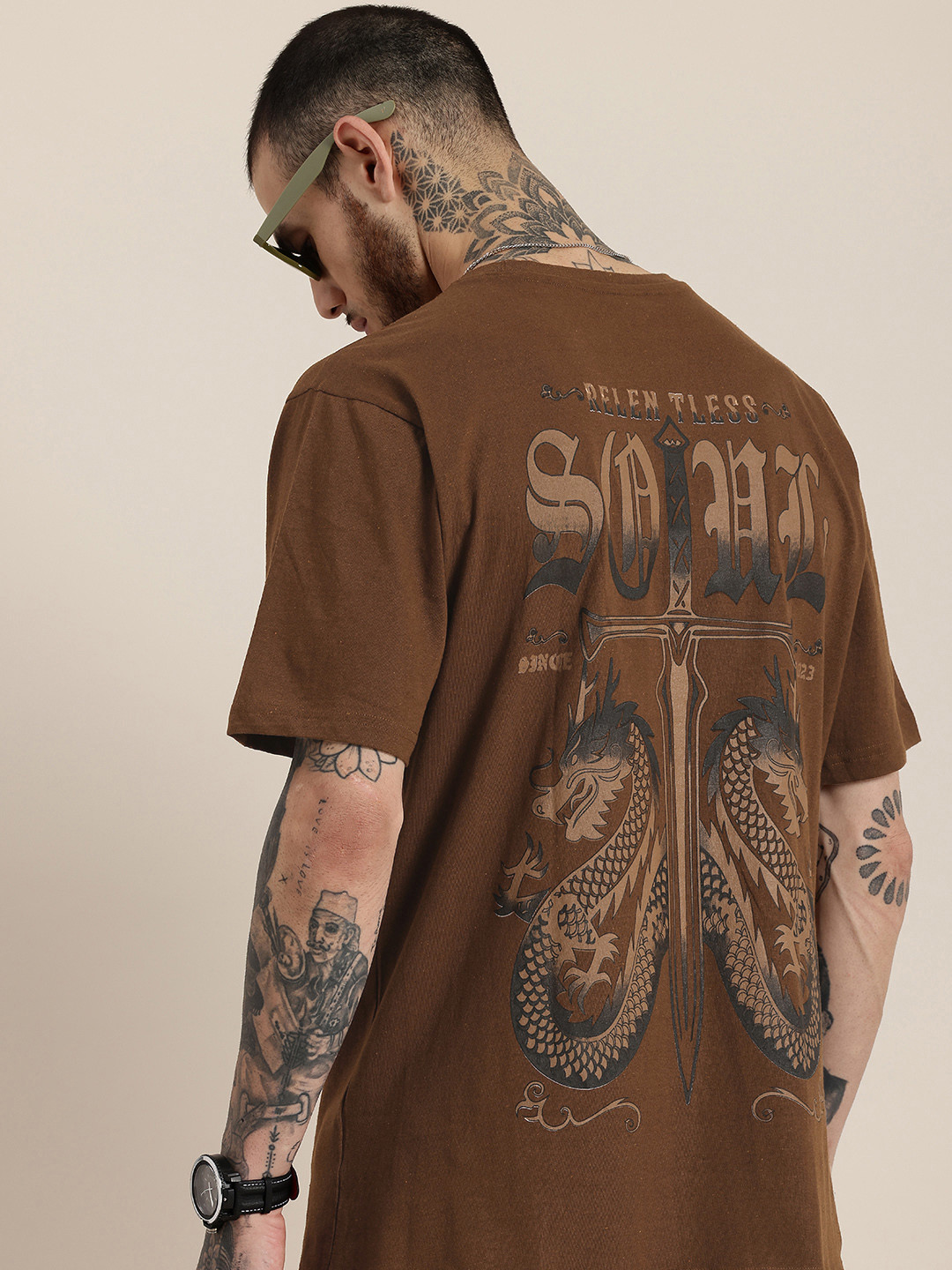 

HERE&NOW Graphic Printed Drop-Shoulder Sleeves T-shirt, Brown