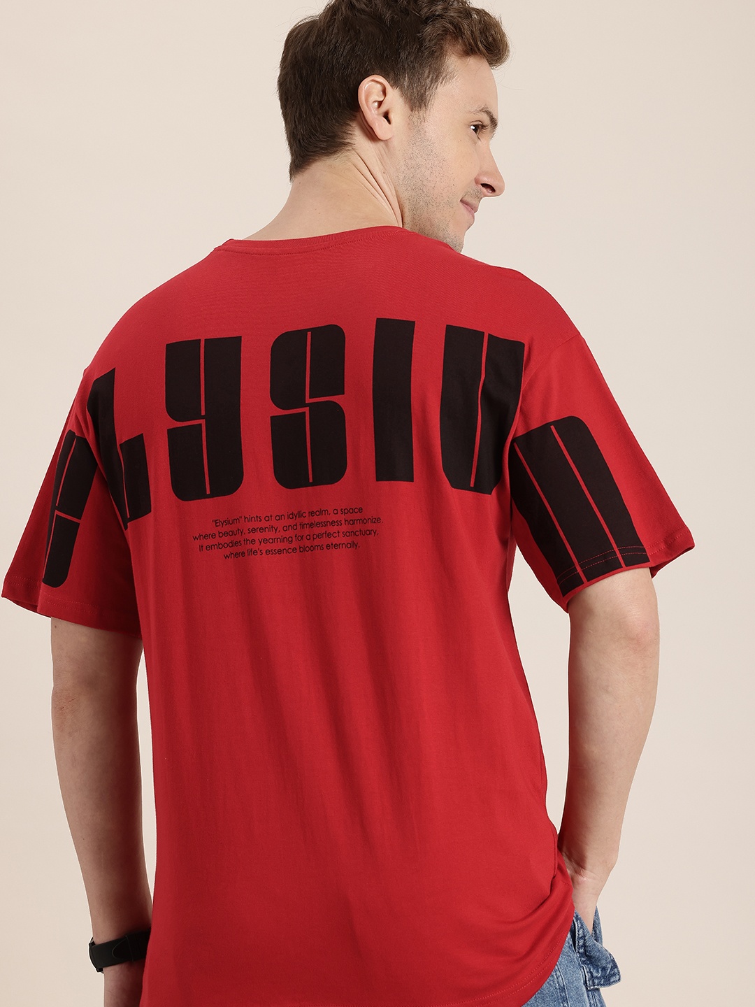 

HERE&NOW Typography Printed Drop-Shoulder Sleeves Pure Cotton T-shirt, Red