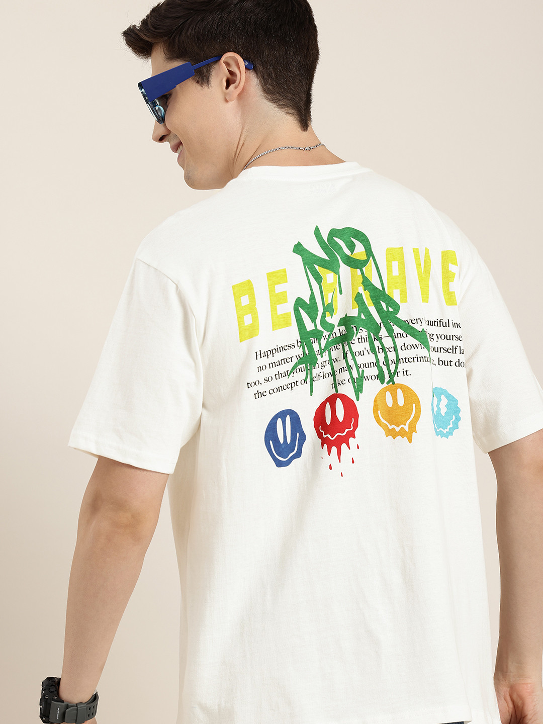 

HERE&NOW Pure Cotton Graphic Printed Drop-Shoulder Sleeves T-shirt, Off white
