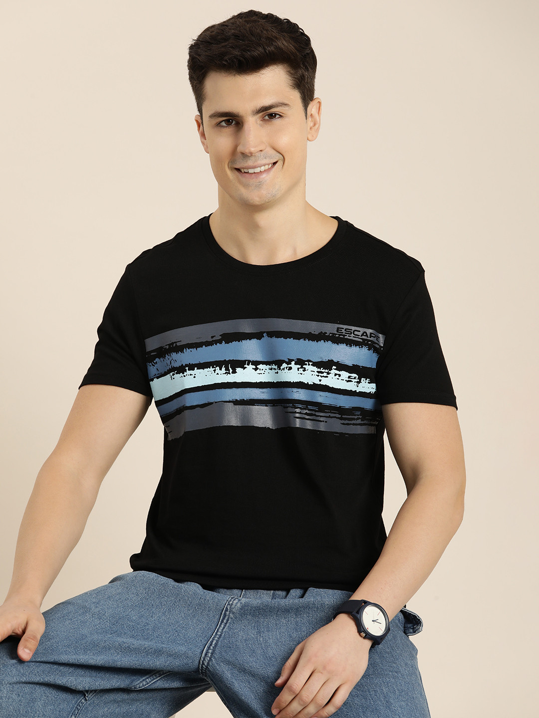 

HERE&NOW Striped Pure Cotton T-shirt, Black