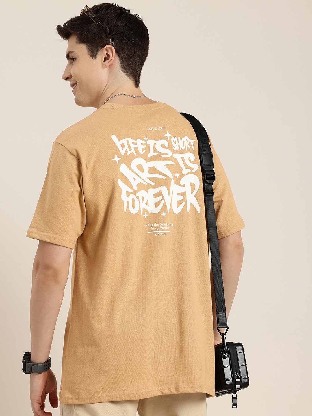 

HERE&NOW Printed Drop-Shoulder Sleeves T-shirt, Beige