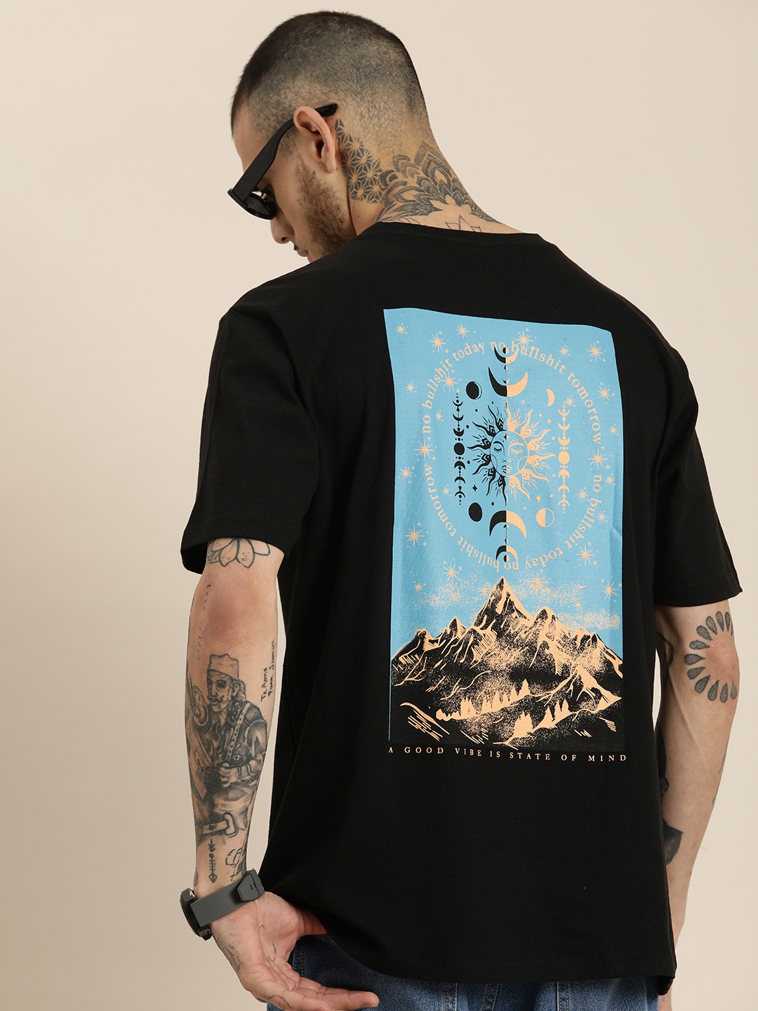 

HERE&NOW Printed Drop-Shoulder Sleeves T-shirt, Black