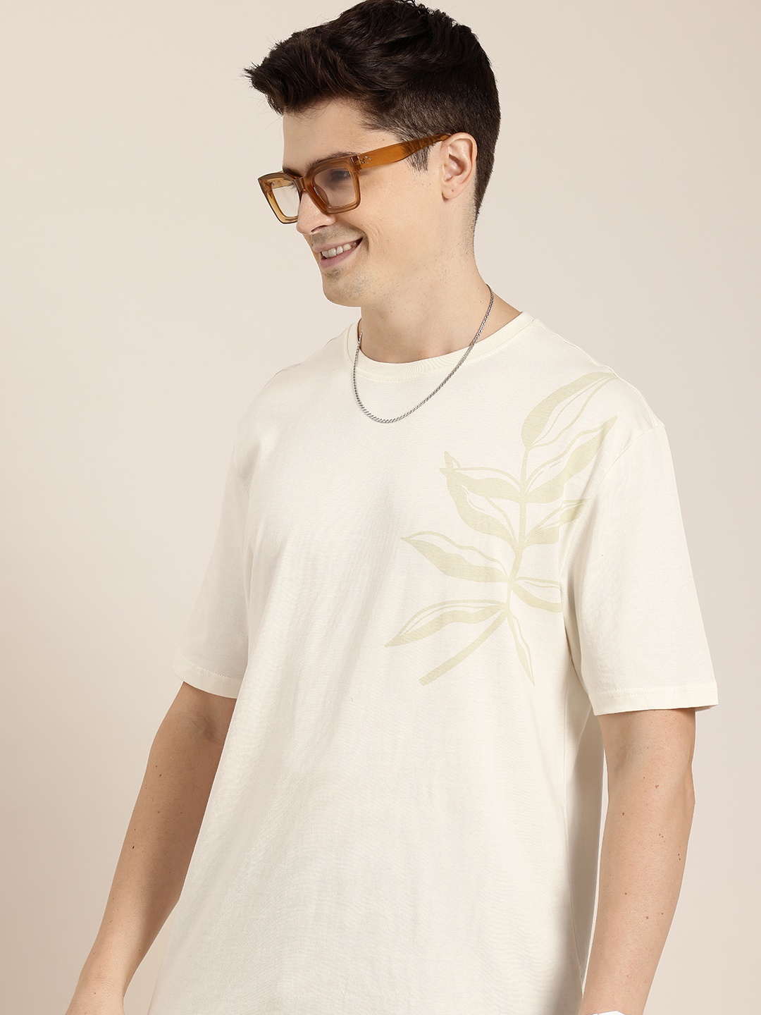 

HERE&NOW Tropical Printed Drop-Shoulder Sleeves Pure Cotton T-shirt, Cream