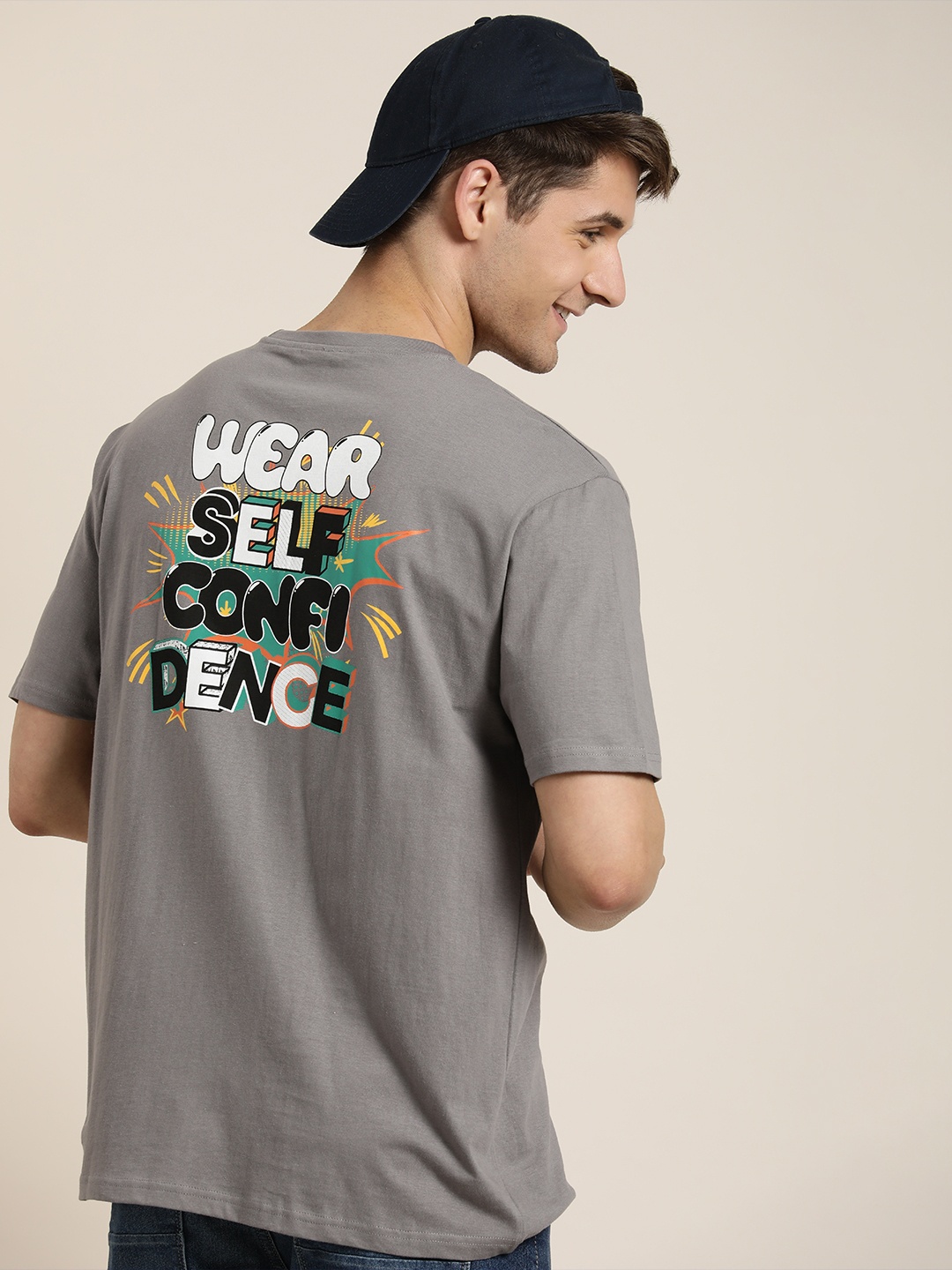 

HERE&NOW Typography Printed Pure Cotton T-shirt, Grey