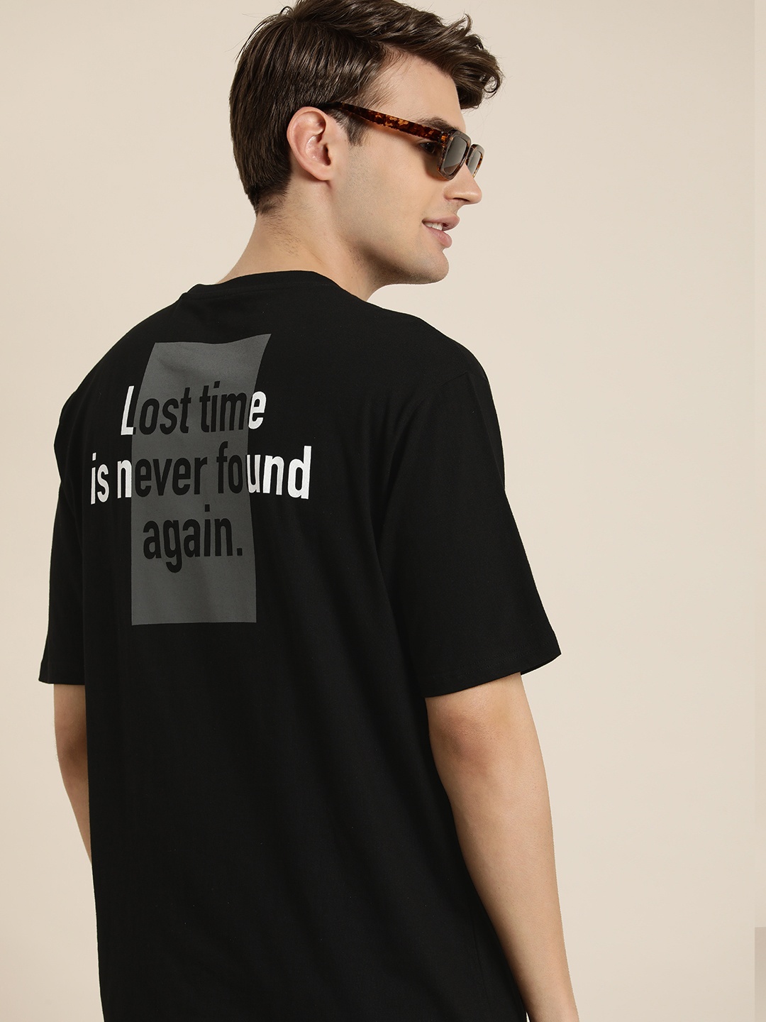 

HERE&NOW Pure Cotton Typography Printed Drop-Shoulder Sleeves T-shirt, Black