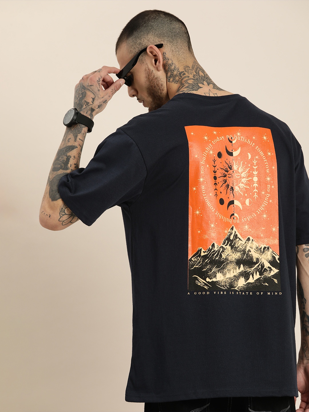 

HERE&NOW Printed Drop-Shoulder Sleeves T-shirt, Navy blue