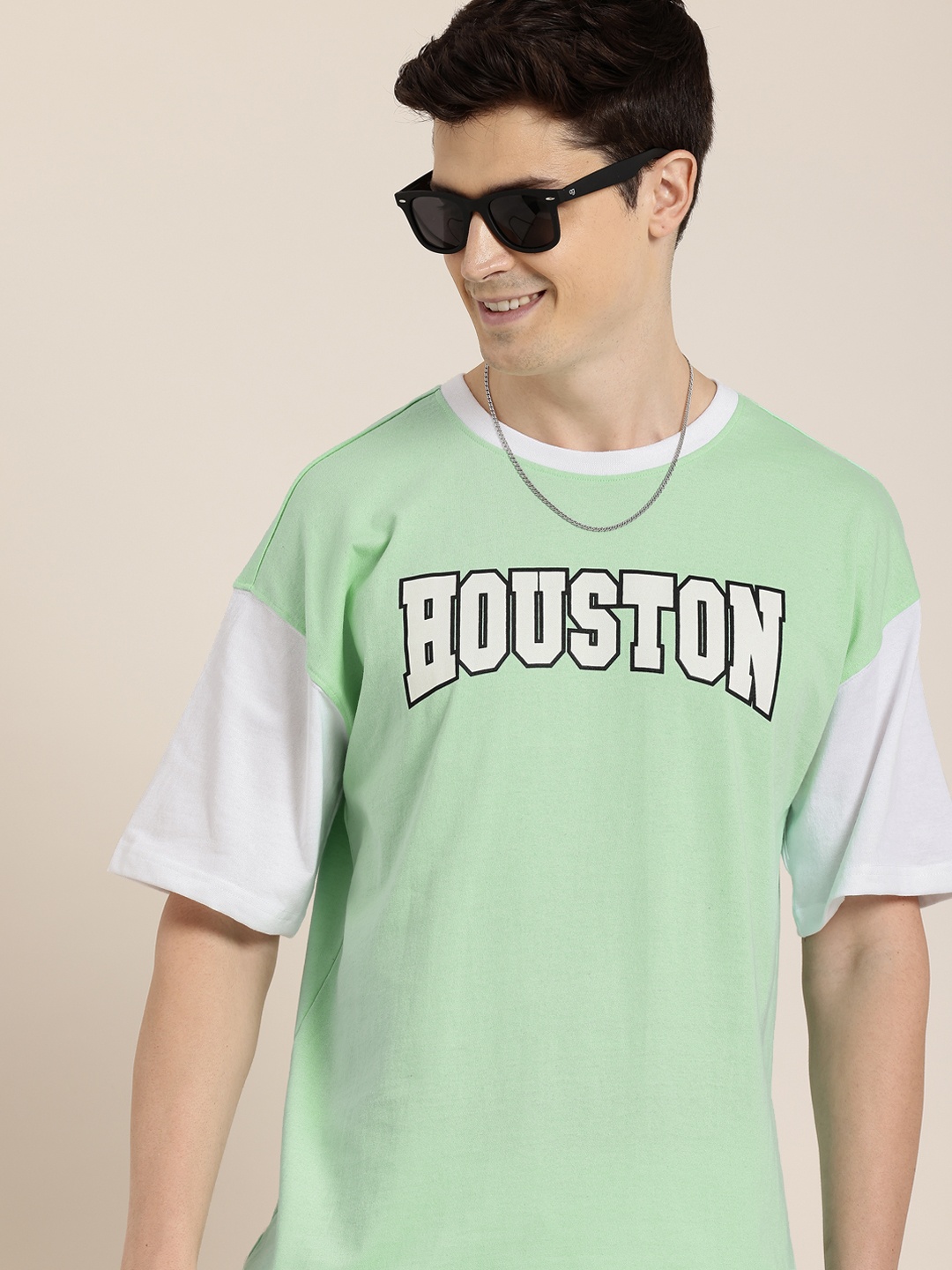 

HERE&NOW Typography Printed Drop-Shoulder Sleeves T-shirt, Green